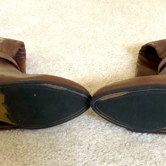 Material Girl High Boots Cognac Size 7.5 M Buckle Zipper Box MCAPRI Lined - Picture 6 of 13